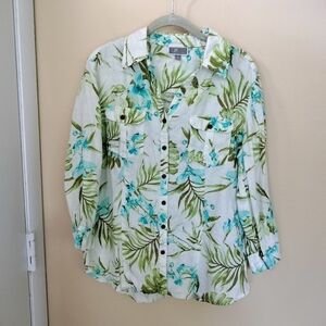 Linen tropical print cream green blue button down shirt top size 12 vacation